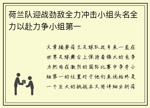 荷兰队迎战劲敌全力冲击小组头名全力以赴力争小组第一