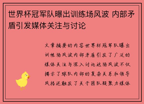 世界杯冠军队曝出训练场风波 内部矛盾引发媒体关注与讨论