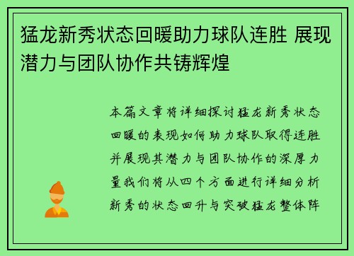 猛龙新秀状态回暖助力球队连胜 展现潜力与团队协作共铸辉煌