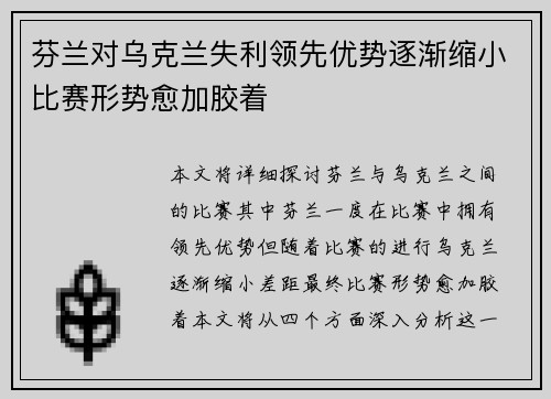 芬兰对乌克兰失利领先优势逐渐缩小比赛形势愈加胶着