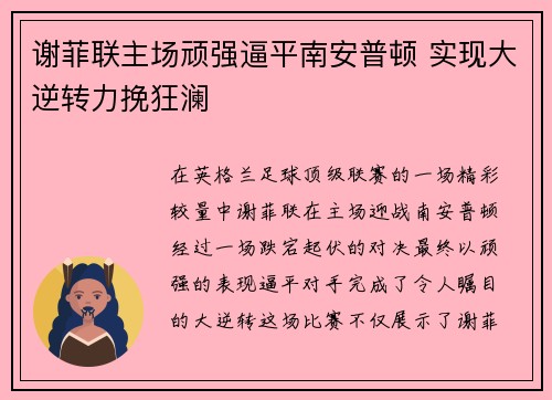 谢菲联主场顽强逼平南安普顿 实现大逆转力挽狂澜